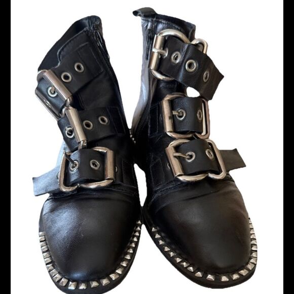 Topshop Black Alfie Buckle Studded Silver Boots Leather Ankle Size 36 - Picture 1 of 9